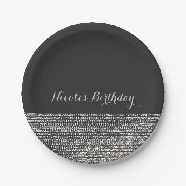 Grey & Silver Modern Glam Sequins Chic Elegant Paper Plates (Front)