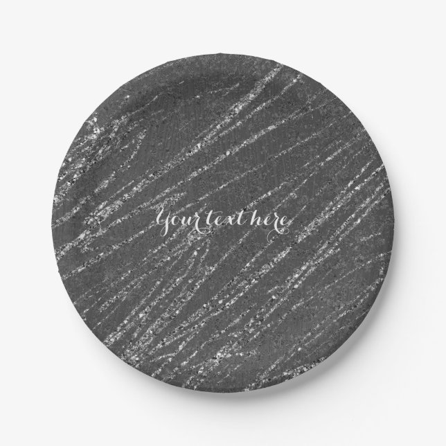 Grey & Silver Modern Marble Glam Stripe Party Paper Plates (Front)