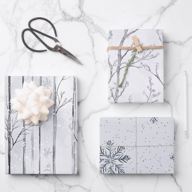 Grey Silver Snowflake Trees Christmas Wrapping Paper Sheets (Front)