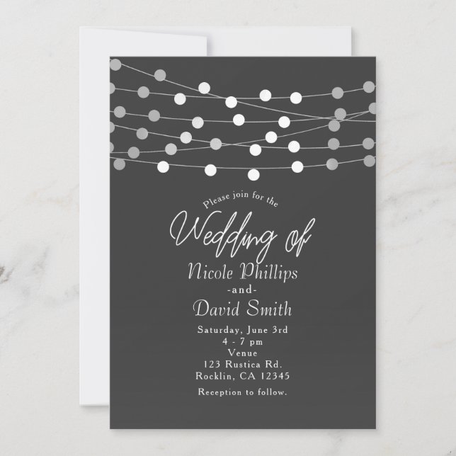 Grey Silver String Lights Modern Wedding Invitation (Front)