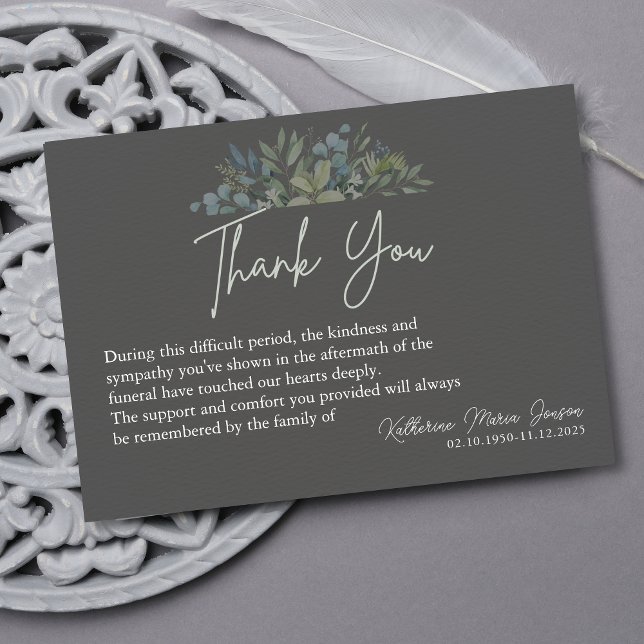 Grey Simple Script Greenery Sympathy Funeral Thank You Card (Creator Uploaded)