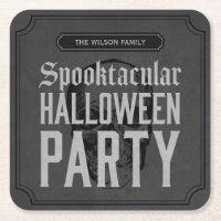 Grey Skull Spooktacular Halloween Party Square Paper Coaster