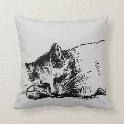 Grey Sleeping Cat Outline - Bold Ink Drawn Throw Pillow