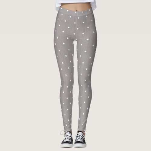Grey  Small White Polka Dots Chic Lounge or Gym Leggings