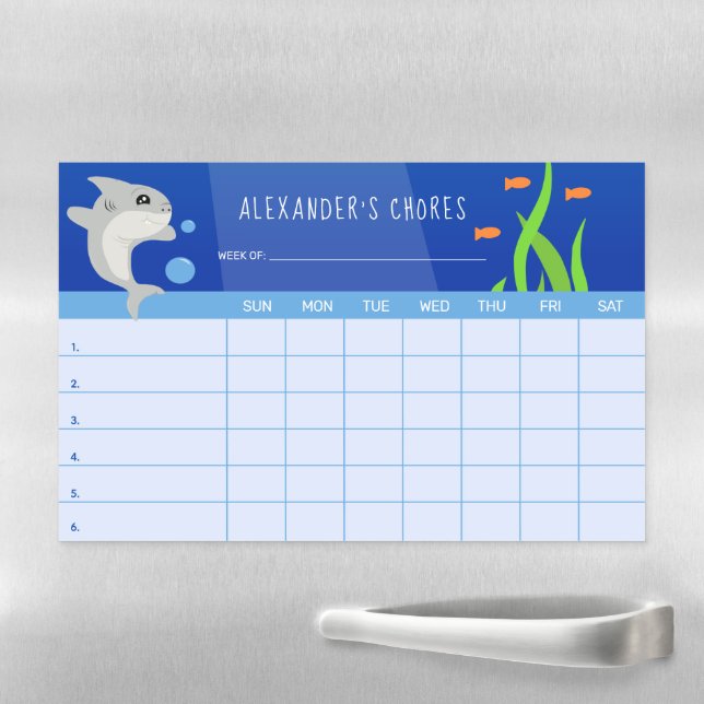 Grey Smiling Shark Kids Ocean Scene Chores Chart Magnetic Dry Erase Sheet (In Situ)