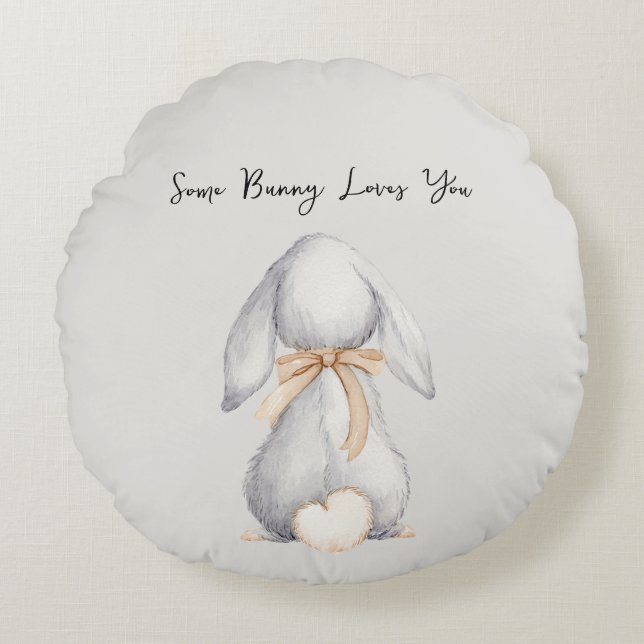 Grey Some Bunny Loves You Round Pillow (Front)