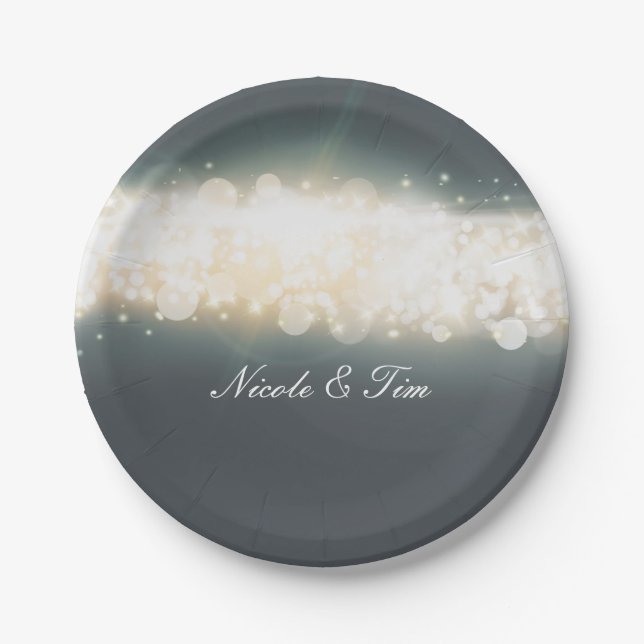 Grey Sparkle Lights Sky Blast Wedding Plates (Front)