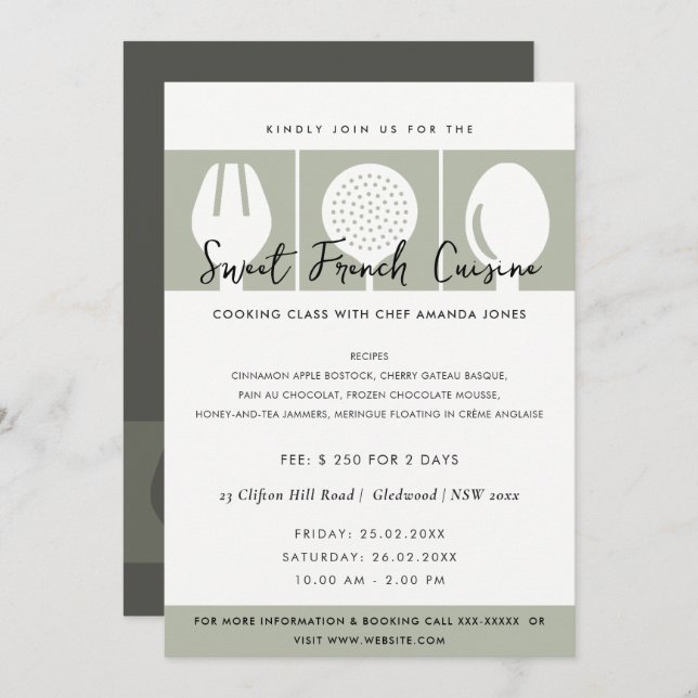 GREY SPOON FORK COOKERY CLASS INVITE TEMPLATE (Front/Back)