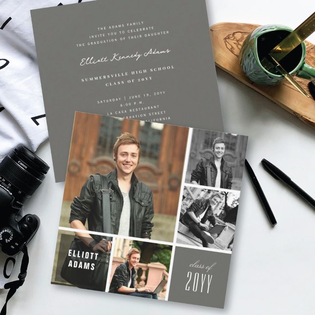 Grey Square 4 Photo Modern High School Grad Party Invitation (4 Photo Minimalist Grey Color Block / Square Graduation Party Invitation @ zazzle.com/color_therapy)
