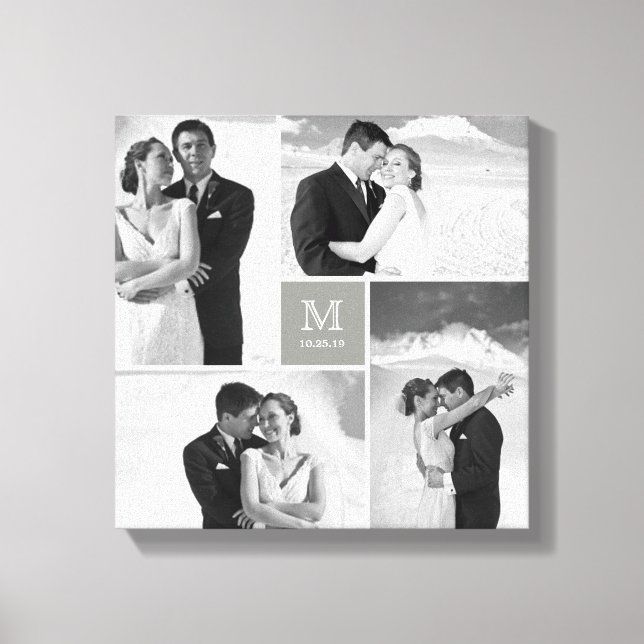 Grey Square Grid Monogram Wedding 4 Photo Collage Canvas Print (Front)