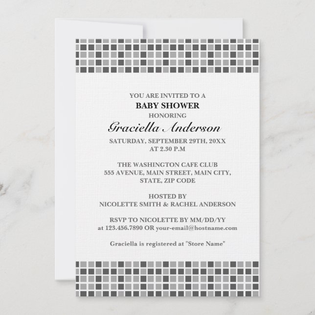 Grey Squares Pattern Baby Shower Invitation (Front)