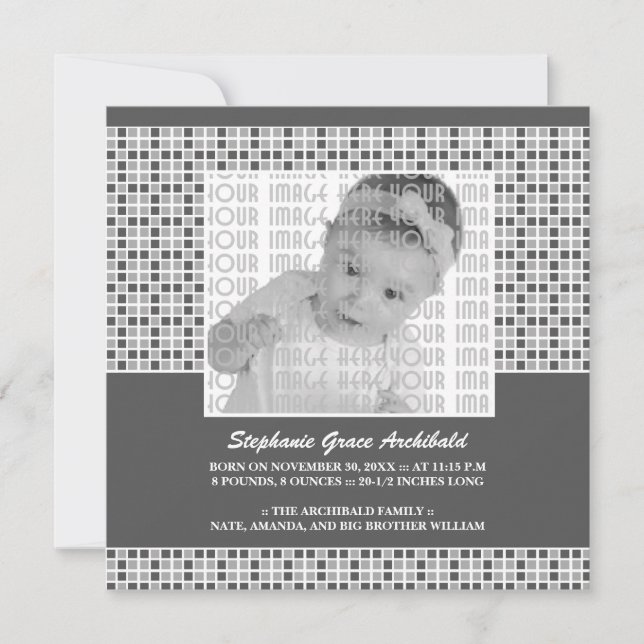 Grey Squares Pattern Birth Announcement (Front)