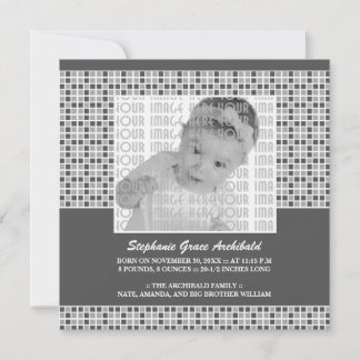 Grey Squares Pattern Birth Announcement