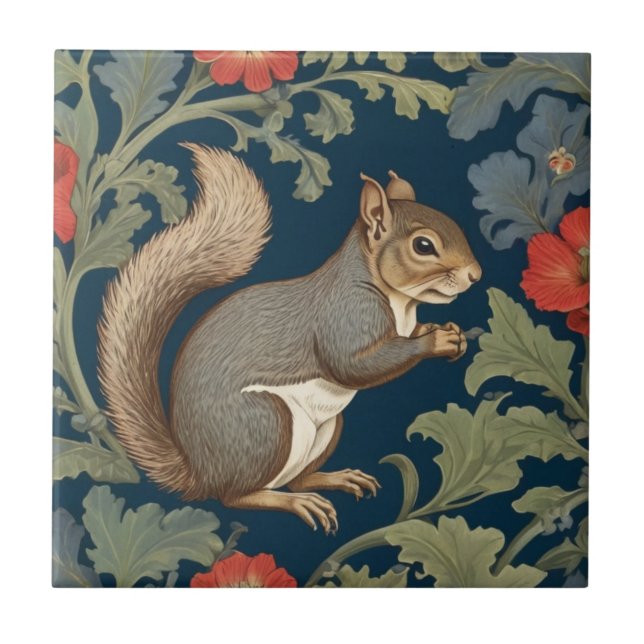 Grey Squirrel William Morris style Right Facing Ceramic Tile (Front)