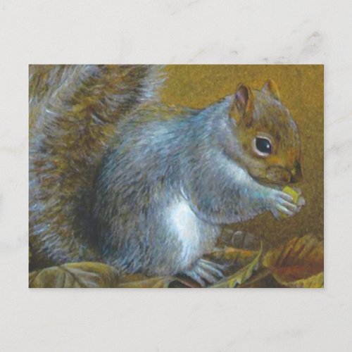 Grey squirrel with nut art painting postcard