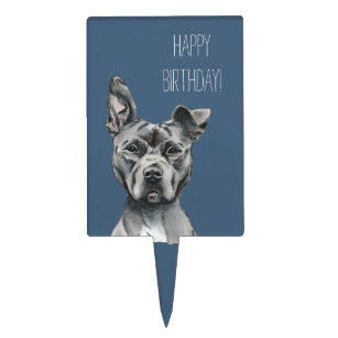 Grey Stalky Pit Bull Dog Drawing Birthday Cake Topper