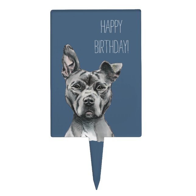 Grey Stalky Pit Bull Dog Drawing Birthday Cake Topper (Front)