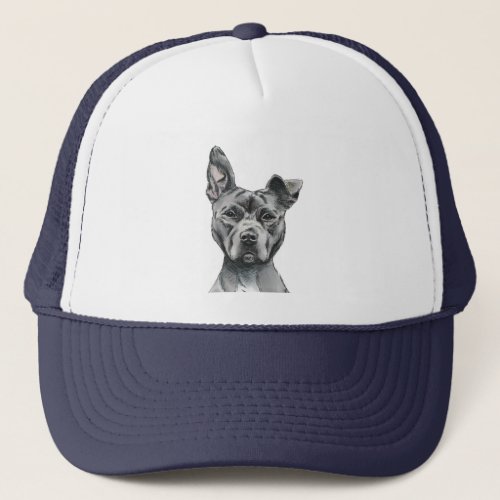 Grey Stalky Pit Bull Dog Drawing Trucker Hat