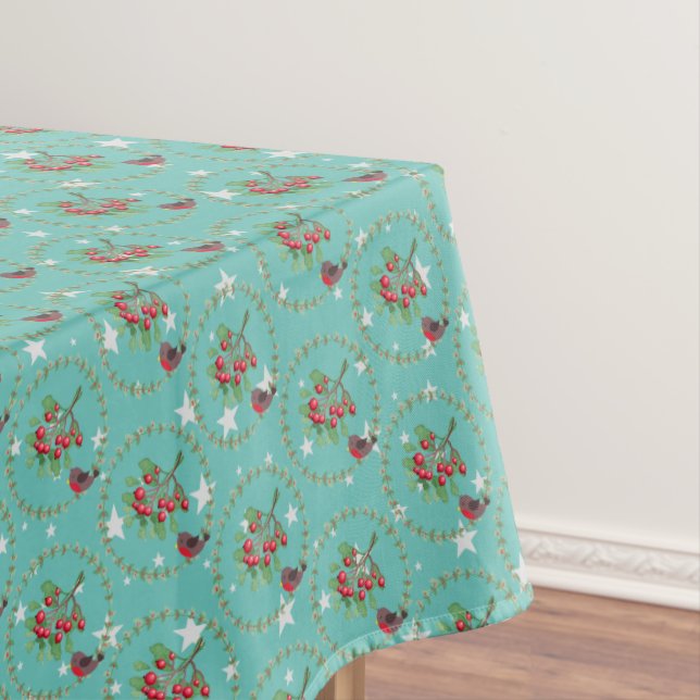 Grey Star Aqua Red Robin Wreath Christmas Tablecloth (In Situ)