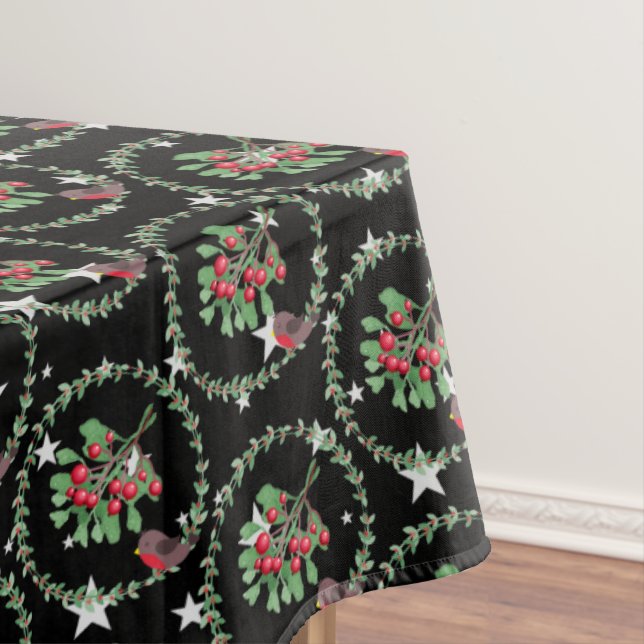 Grey Star Black Red Robin Wreath Christmas Tablecloth (In Situ)