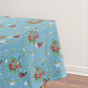 Grey Star Blue Red Robin Wreath Christmas Tablecloth