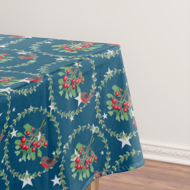 Grey Star Blue Red Robin Wreath Christmas Tablecloth (In Situ)