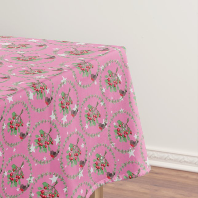 Grey Star Pink Red Robin Wreath Christmas Tablecloth (In Situ)