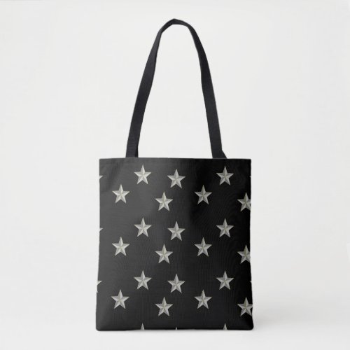 grey stars on black tote bag