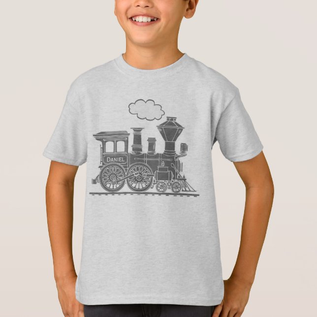 Grey steam loco train "your name" kids t-shirt (Front)