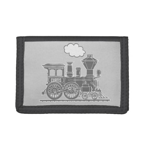 Grey steam train engine name boiler plate wallet