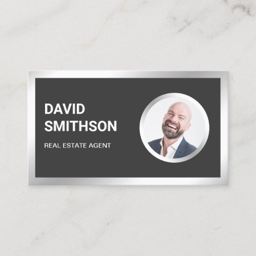 Grey Steel Silver Photo Real Estate Agent Business Card