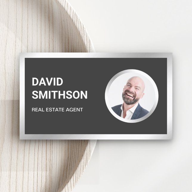 Grey Steel Silver Photo Real Estate Agent Business Card (Creator Uploaded)