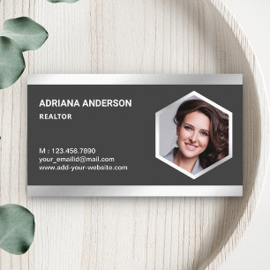 Grey Steel Silver Real Estate Photo Realtor Business Card