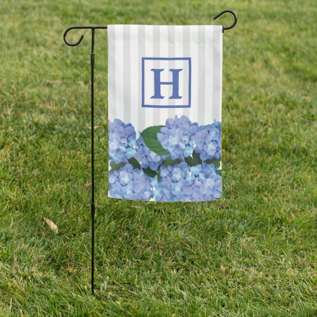 Grey Stripe and Blue Hydrangea Flower Monogram Garden Flag (In SItu)