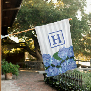 Grey Stripe and Blue Hydrangea Flower Monogram House Flag