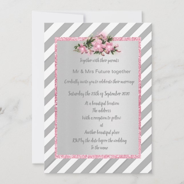 Grey Stripe pink flower invitation wedding new (Front)