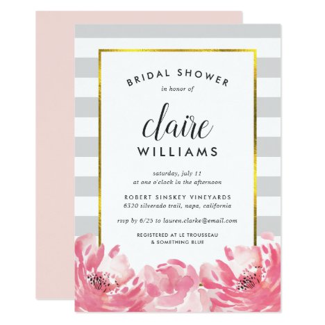 Grey Stripe &amp; Pink Peony Bridal Shower Invitation