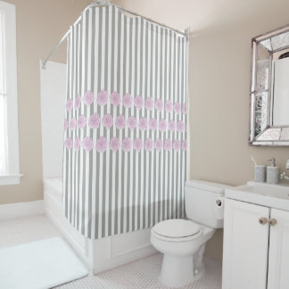 Grey Stripe, Pink Watercolor Rose Design Shower Curtain