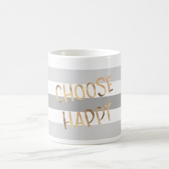 Grey Stripes Gold Choose Happy Coffee Mug (Center)