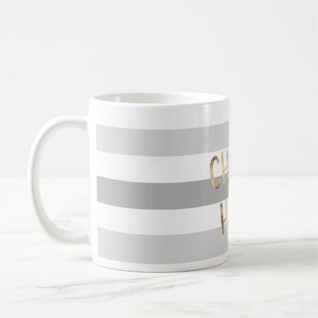Grey Stripes Gold Choose Happy Coffee Mug (Left)