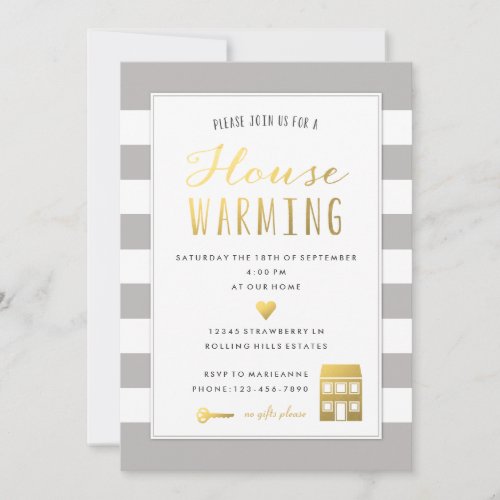 Grey Stripes _ Gold Housewarming Party Invitation
