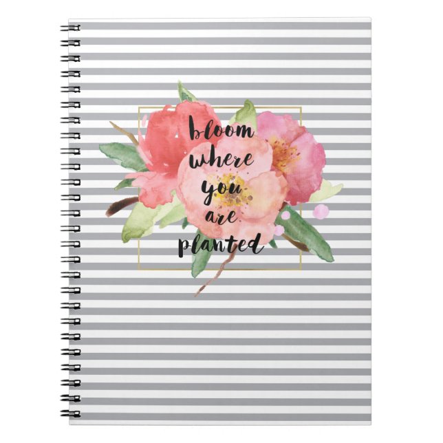Grey Stripes Pink Floral Bloom Where Planted Notebook (Front)
