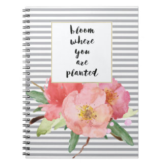 Grey Stripes Pink Watercolor Floral Bloom Notebook