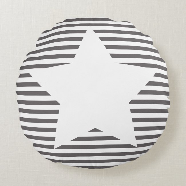 Grey Stripes & White Star - Round Pillow