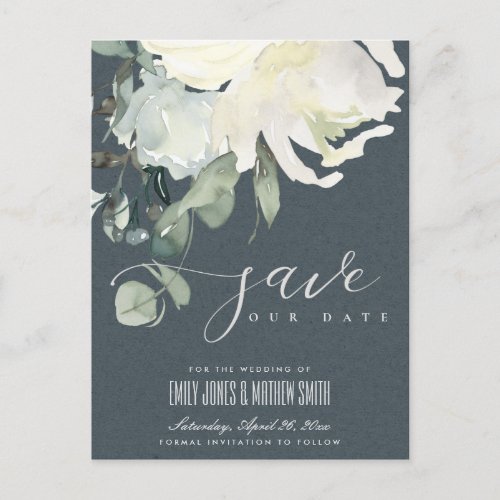 GREY SUBTLE IVORY WHITE FLORAL BUNCH SAVE THE DATE ANNOUNCEMENT POSTCARD