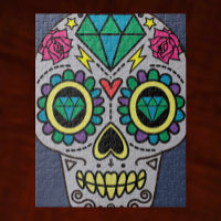 Grey Sugar Skull Art, Day of the Dead Jigsaw Puzzle