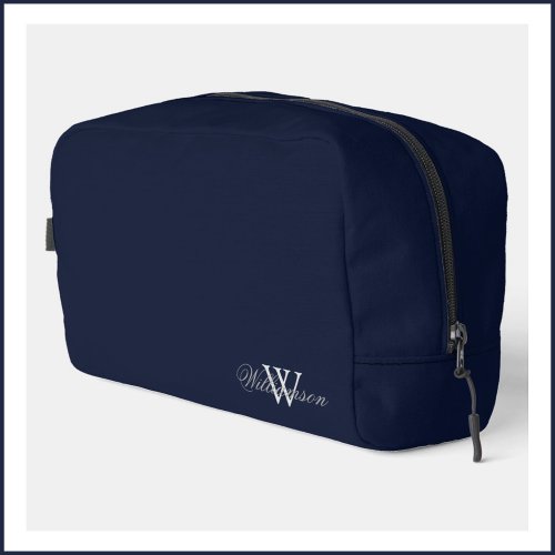 Grey Surname Over Pale Grey Monogram on Deep Blue Dopp Kit