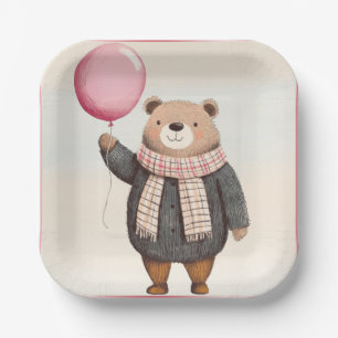 Grey Sweater Bear with Pink Plaid Scarf Paper Plates