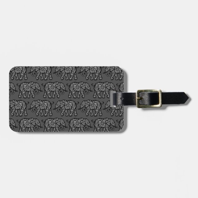 Grey Swirling Elephant Pattern Luggage Tag (Front Horizontal)
