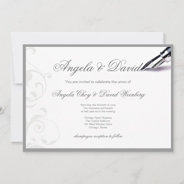 grey swirls fountain pen wedding invitation (Front)